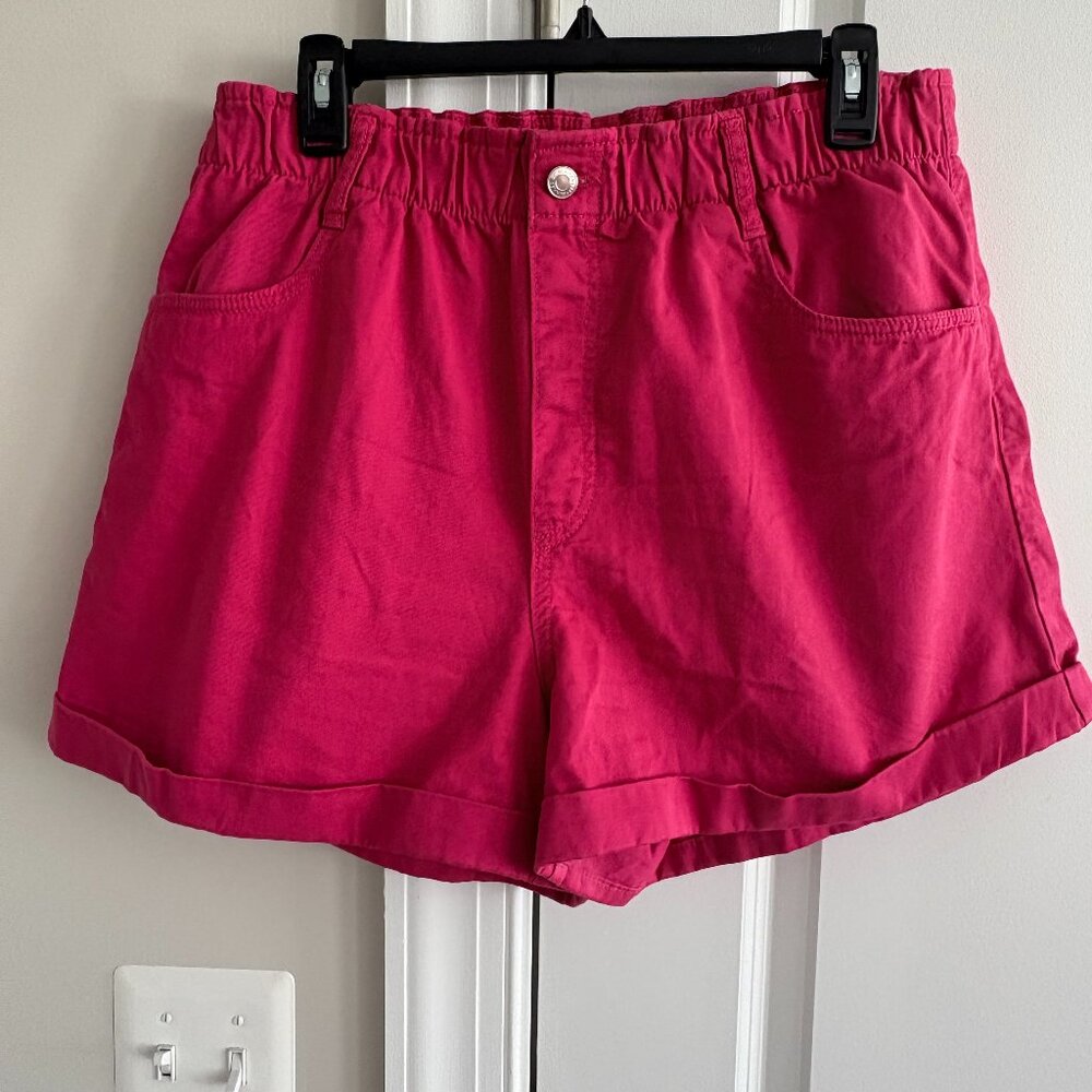H&M Shorts High Rise Paper Bag Elastic Waist Hot Pink Cotton Cuffed - SZ L